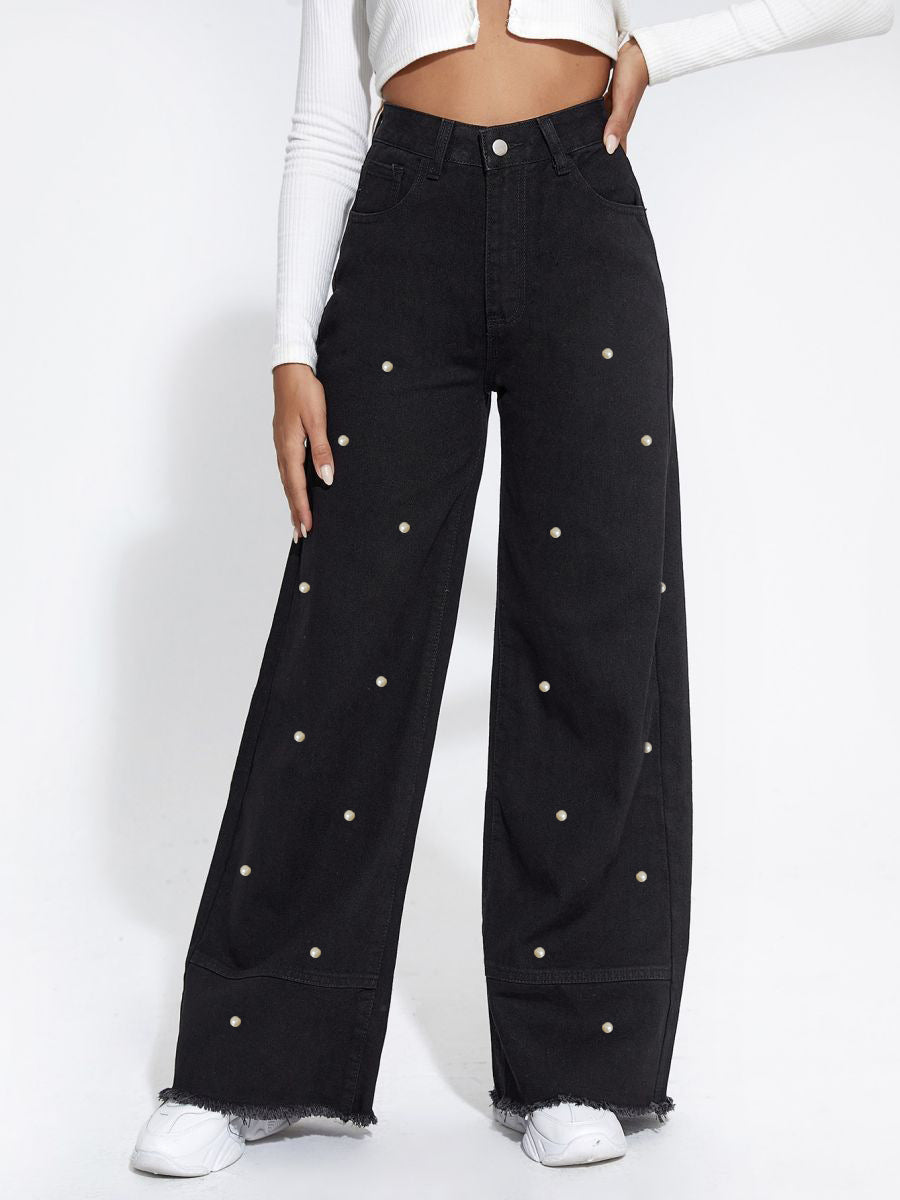 Women Pearl Wide Leg Denim Pants 3