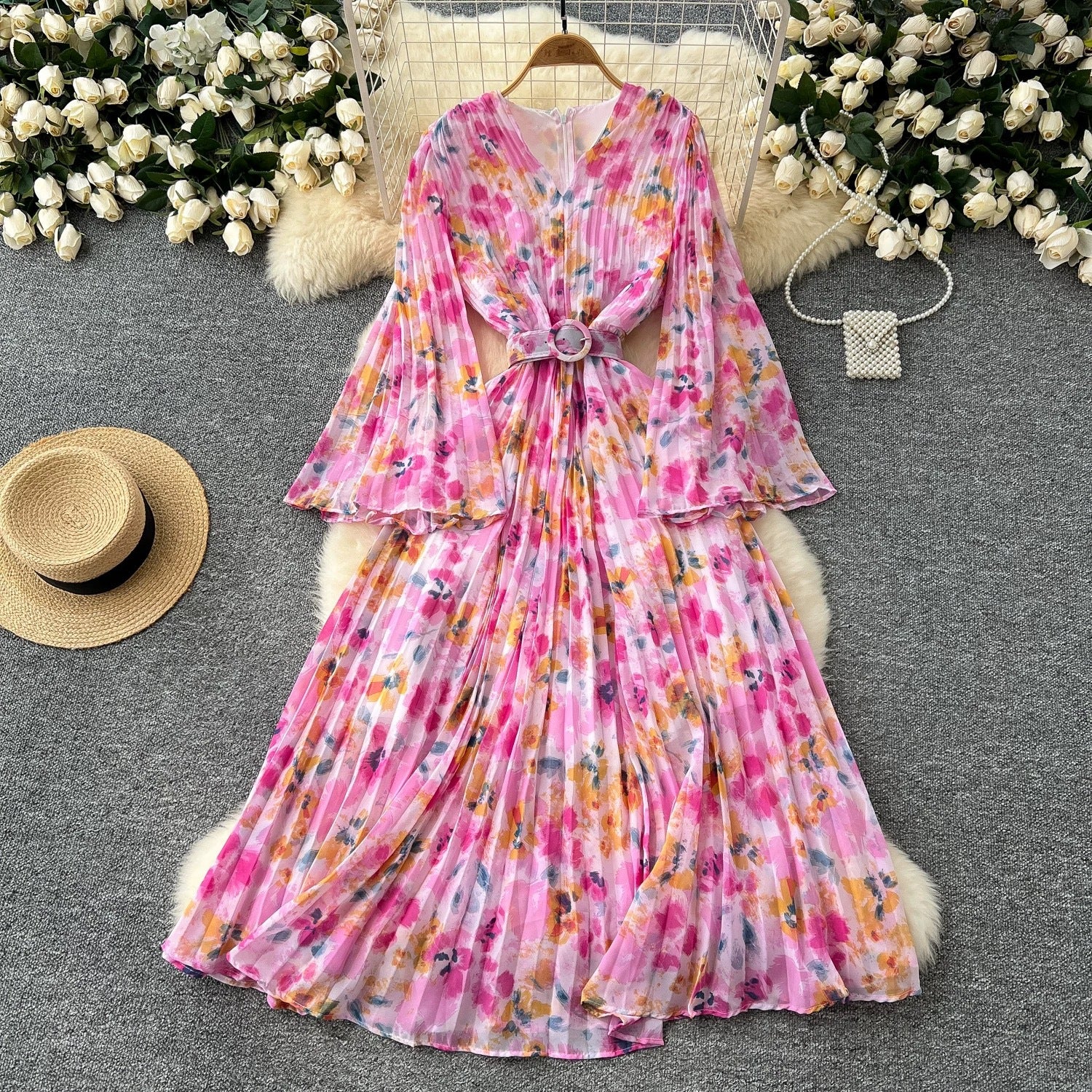 V-Neck Bell Bottom Long Sleeve Print Chiffon Dress Autumn Slim Waist  Chic Knee-Length Dress 8