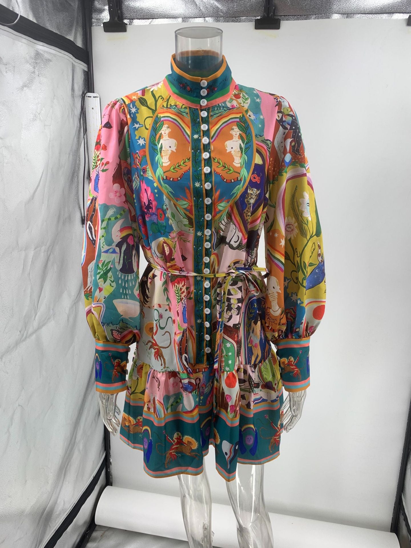 Women Long Sleeve Printed Lace-Up Pleated Dress 9