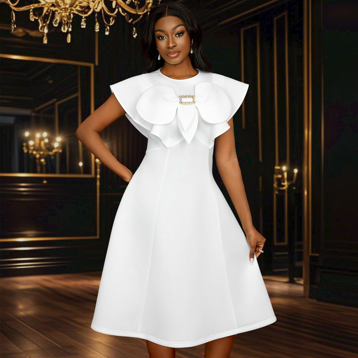 Women Summer Round Neck Bow Cape Sleeve Dress