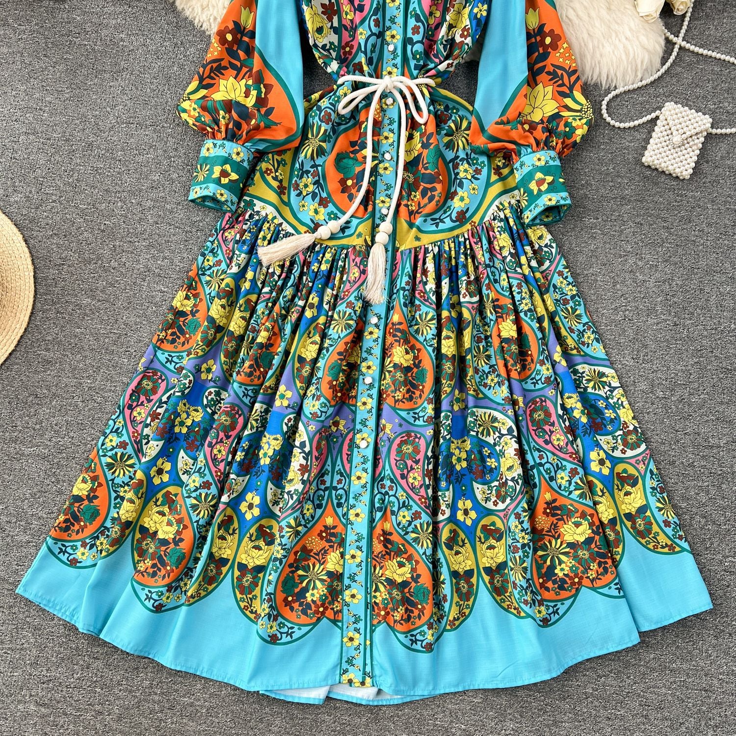 Women French retro print color matching shirt dress 11