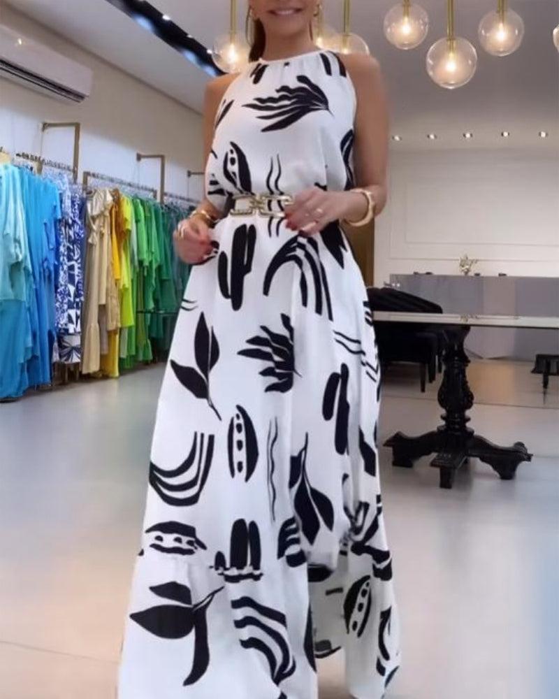 Women Sleeveless Leaf Black and White Print Maxi Dress--No Belt