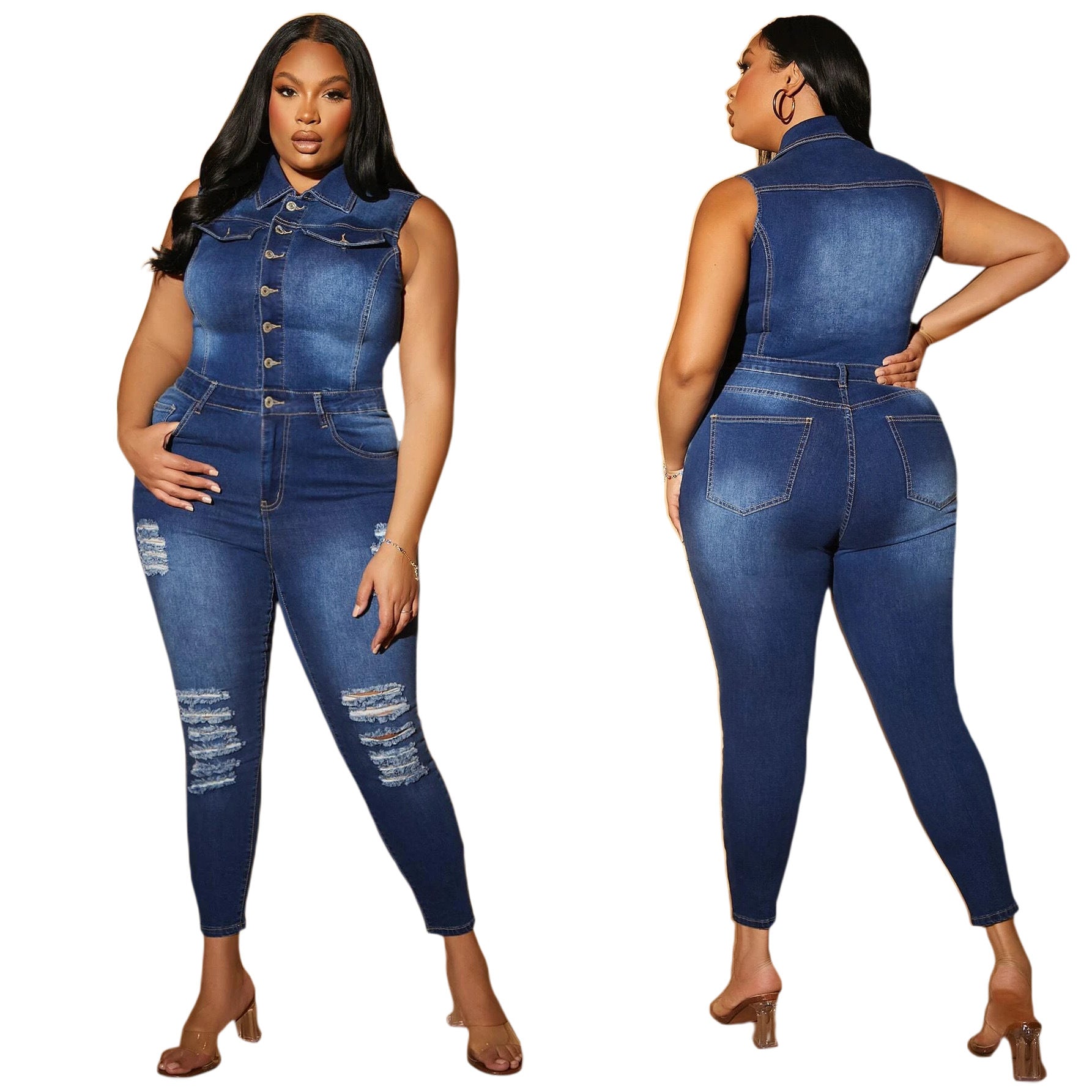 Sexy Fashion Denim Ripped Sleeveless Jumpsuit 7