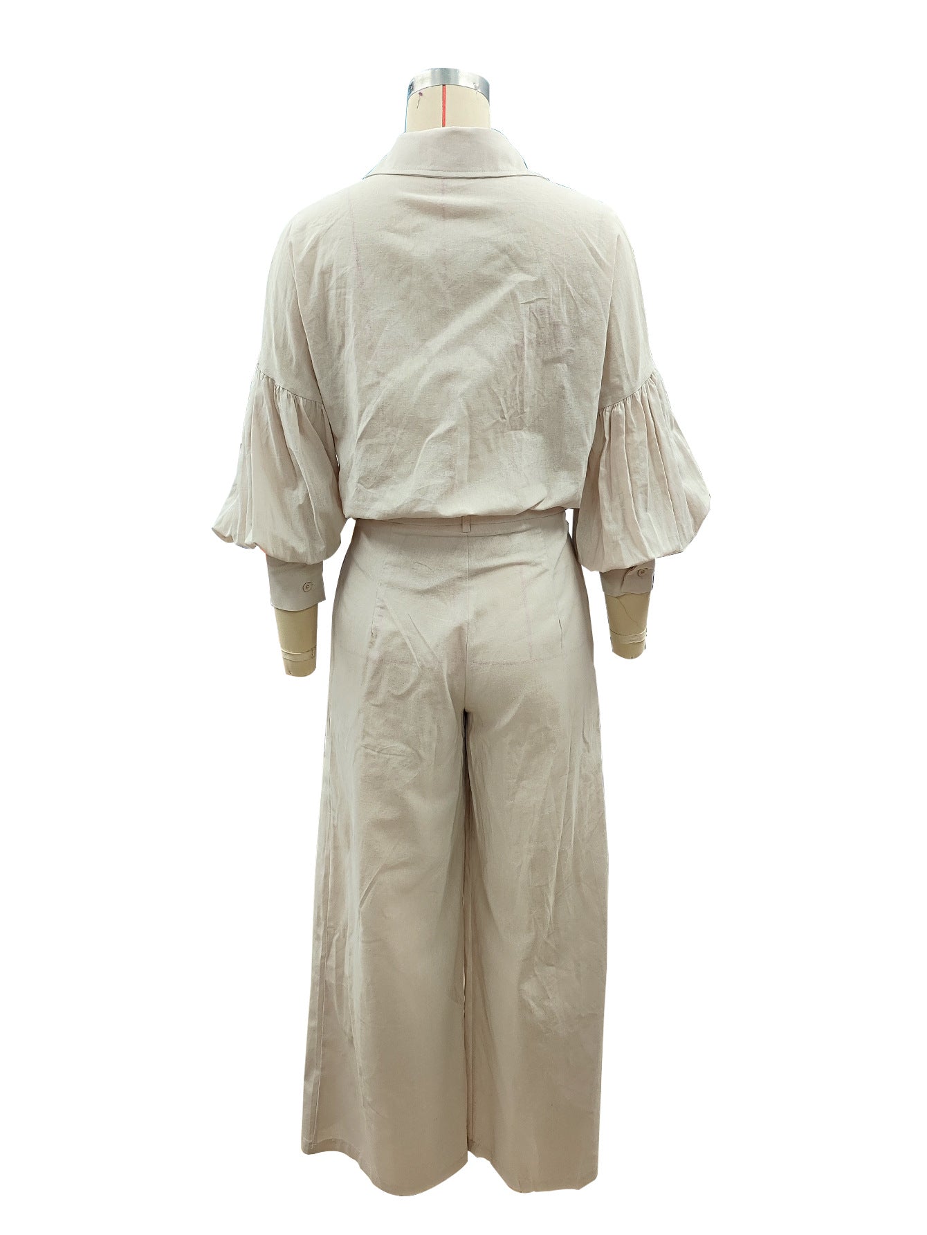 Autumn Solid Long-Sleeve Shirt & Wide-Leg Pants Linen Two-Piece Set 16