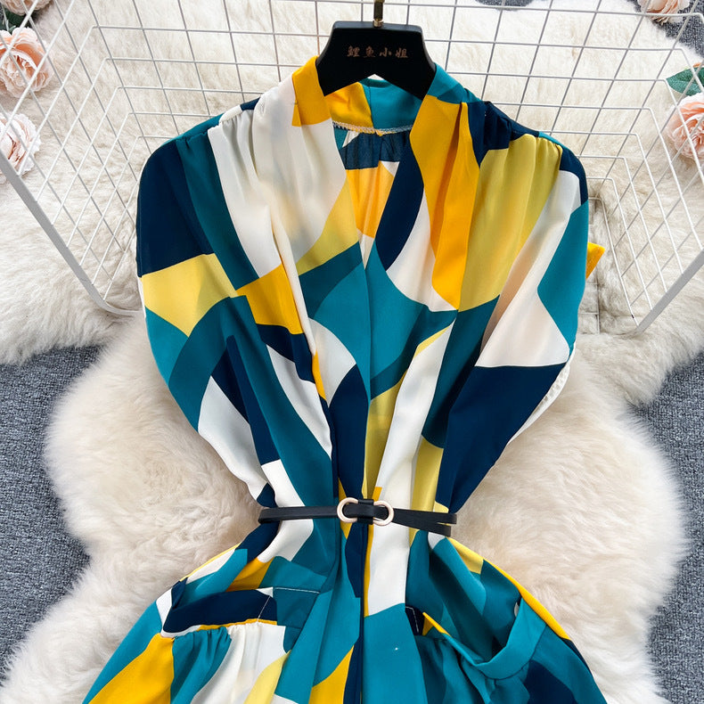 Women Vintage V-Neck Print Summer French Lace-Up Maxi Shirt Dress 23