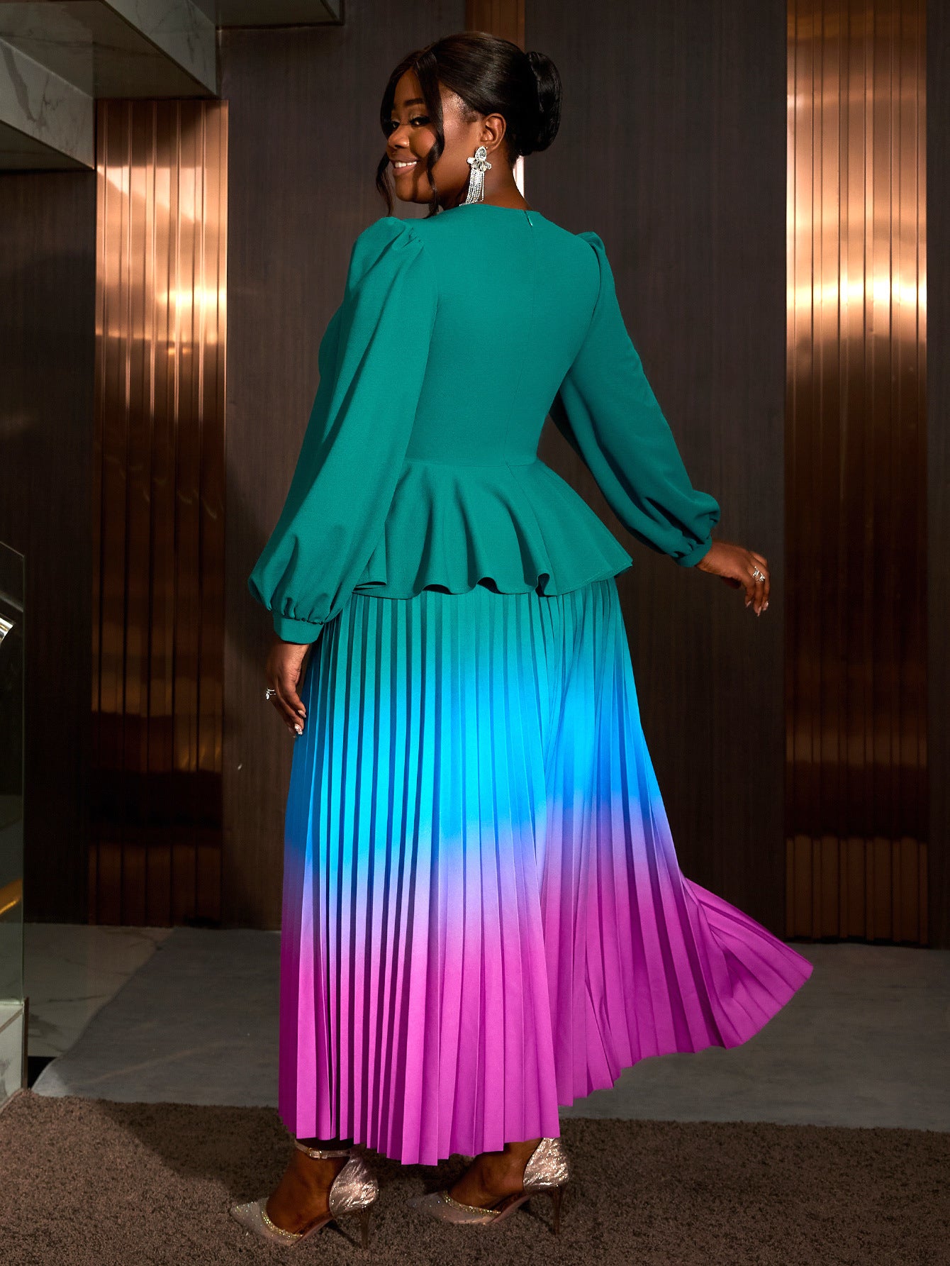 Women gradient lantern sleeve party pleated dress 8