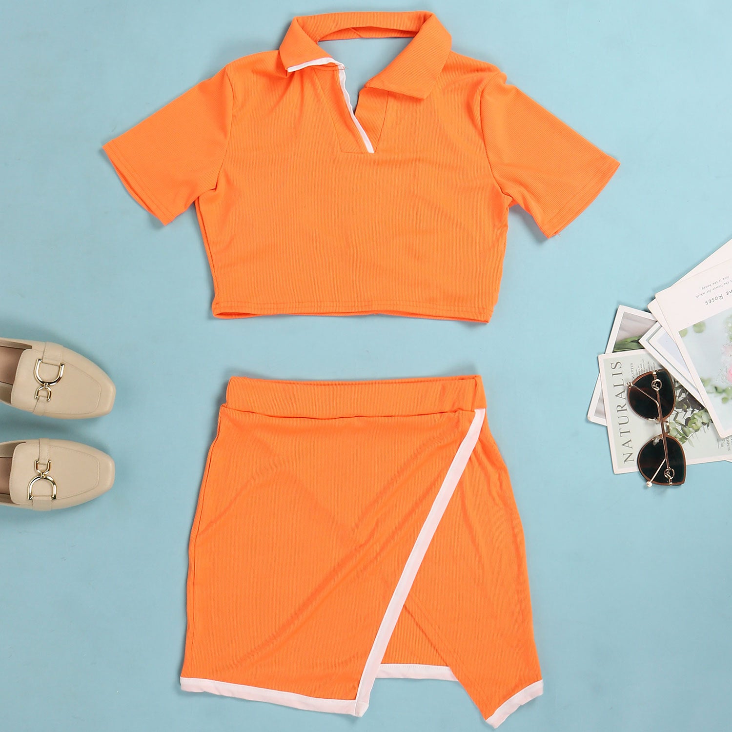 Women Sexy Turndown Collar Short Sleeve Top and Skirt Two-piece Set 30