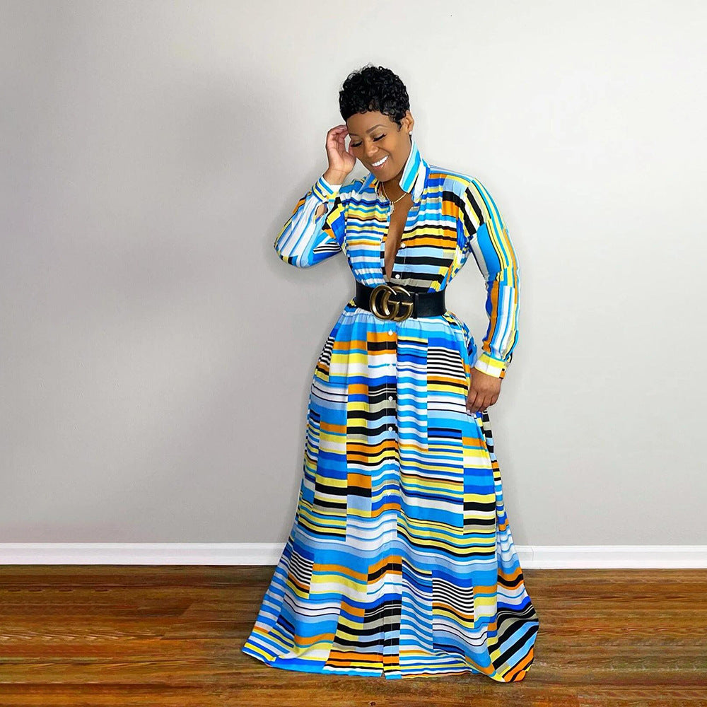 Women Irregular Print Turndown Collar Long Sleeve Maxi Dress 5