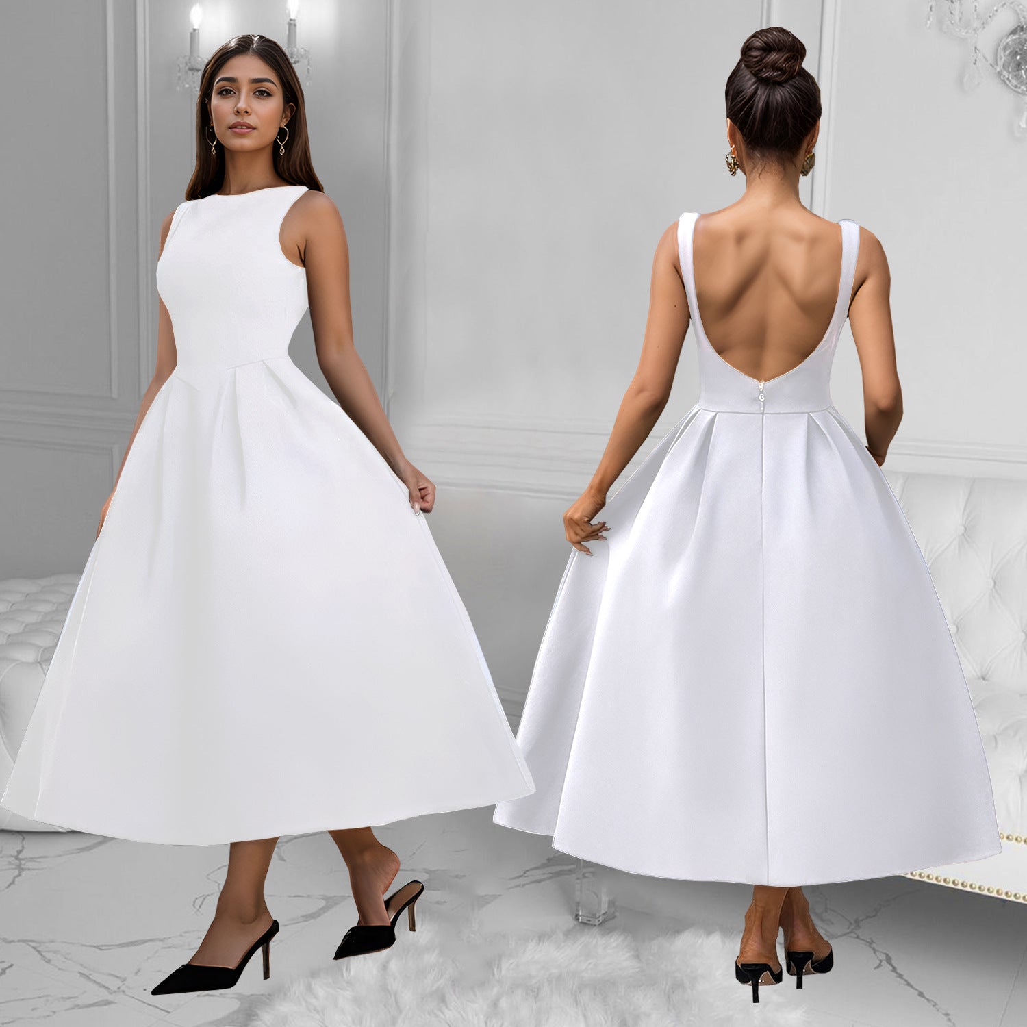 Fashionable women's Low Back retro sleeveless Backless A-line long dress 4