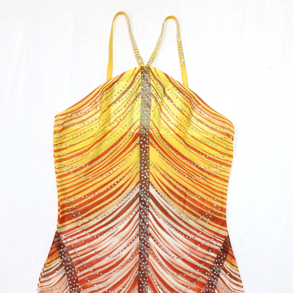 Women's Printed Fashion Sexy Slim Beaded Long Dress 8