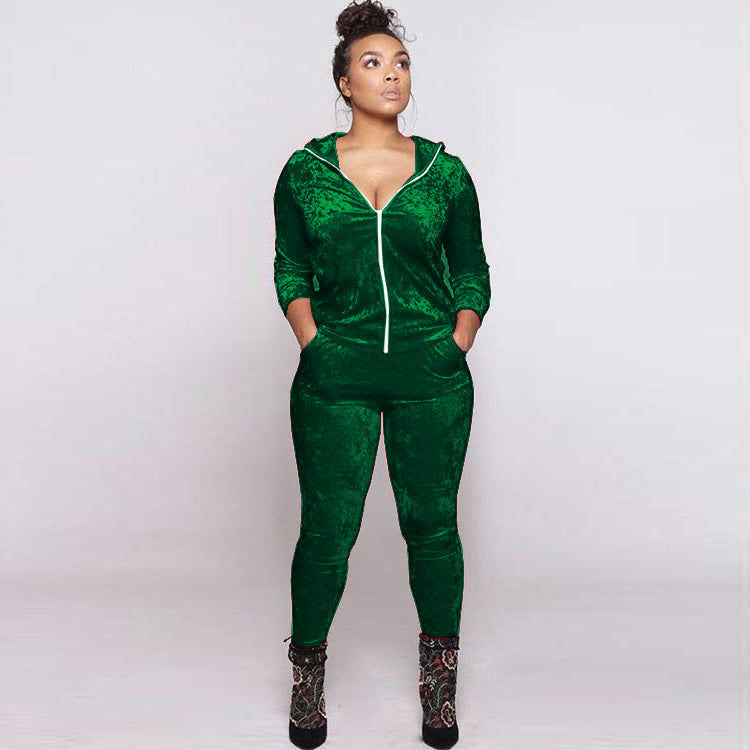 Women Fall and Winter Casual Velvet Hooded Zippered Top Long Pants Two-piece Set 7