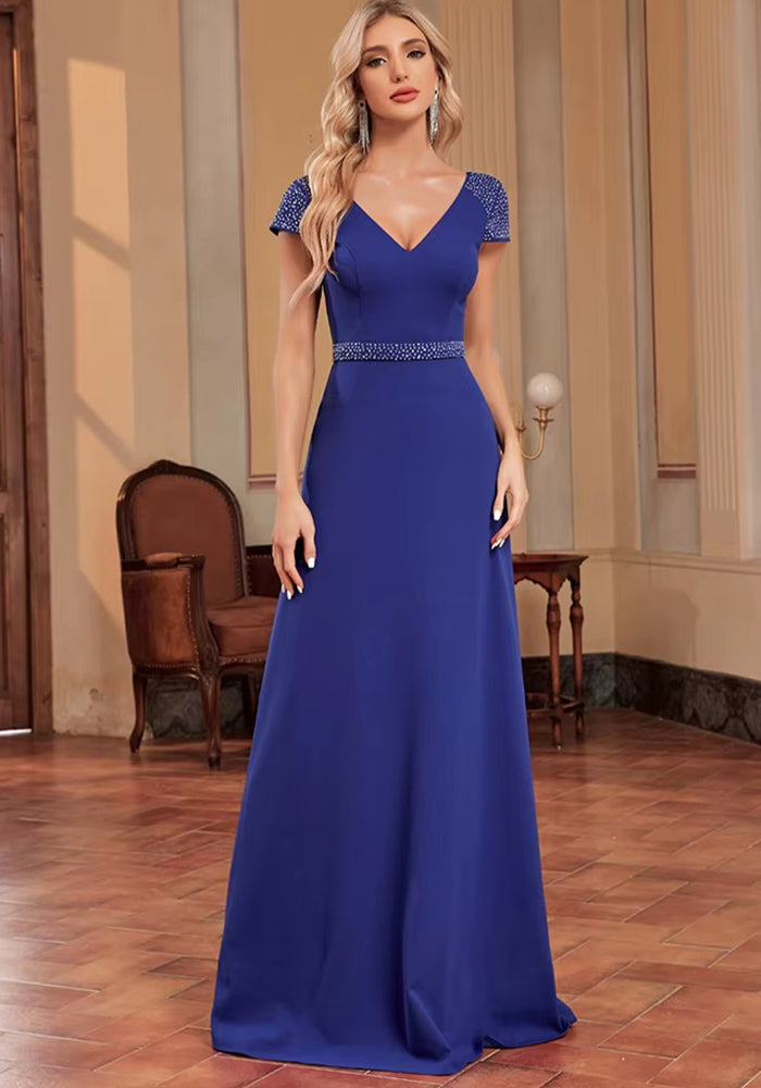 Women blue beaded long fishtail bridesmaid formal party evening dress
