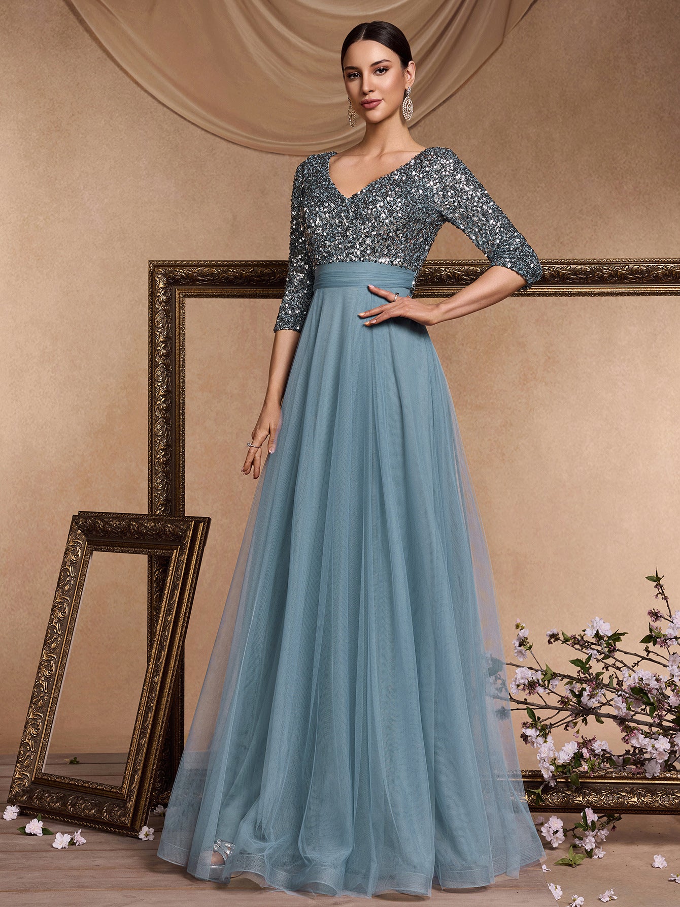 Women v-neck short-sleeved sequined elegant prom party evening dress 18