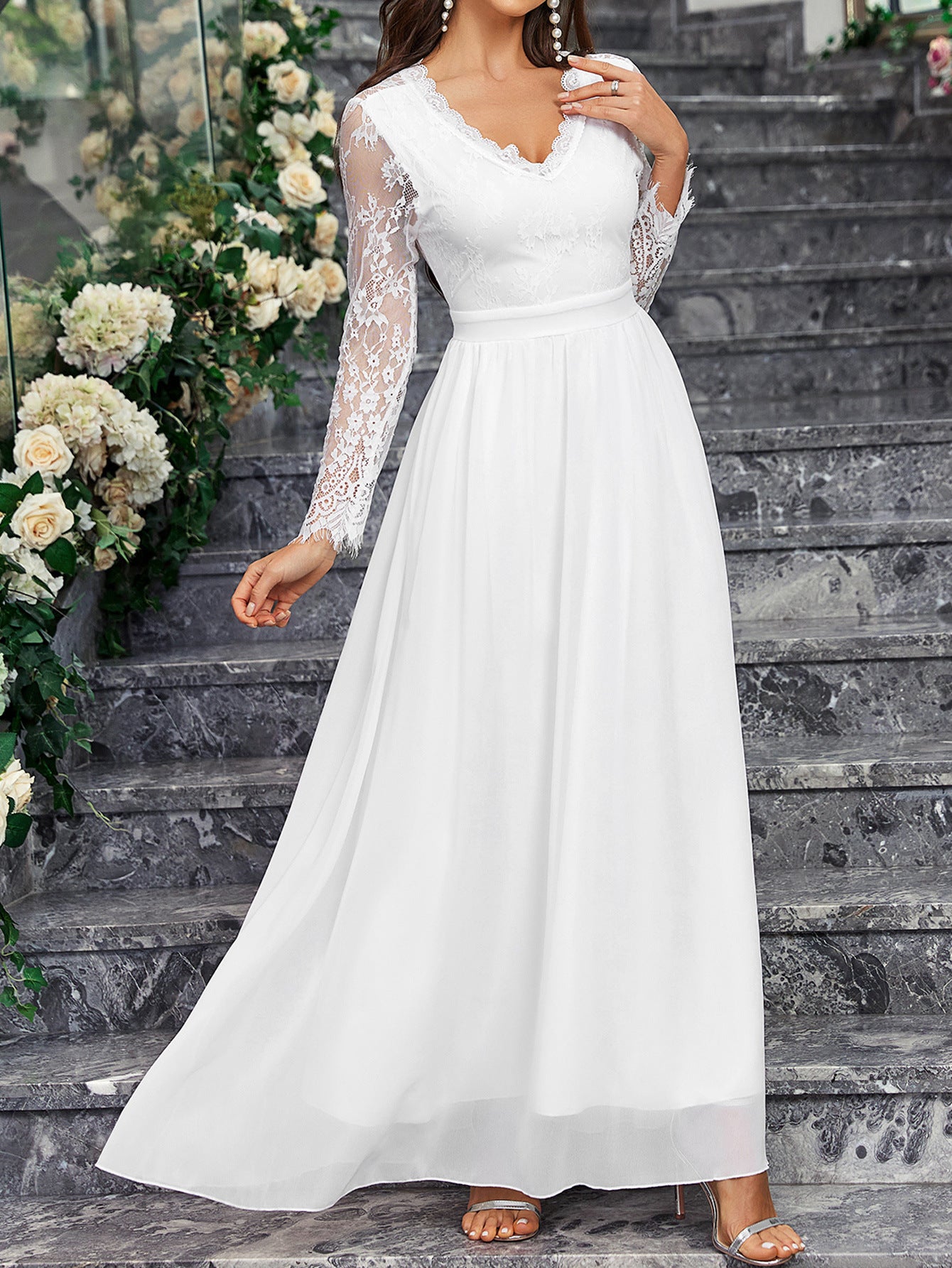 Women's Long Sleeve V Neck Low Back Lace Chiffon Wedding Bridesmaid Dress Formal Party Gown 4