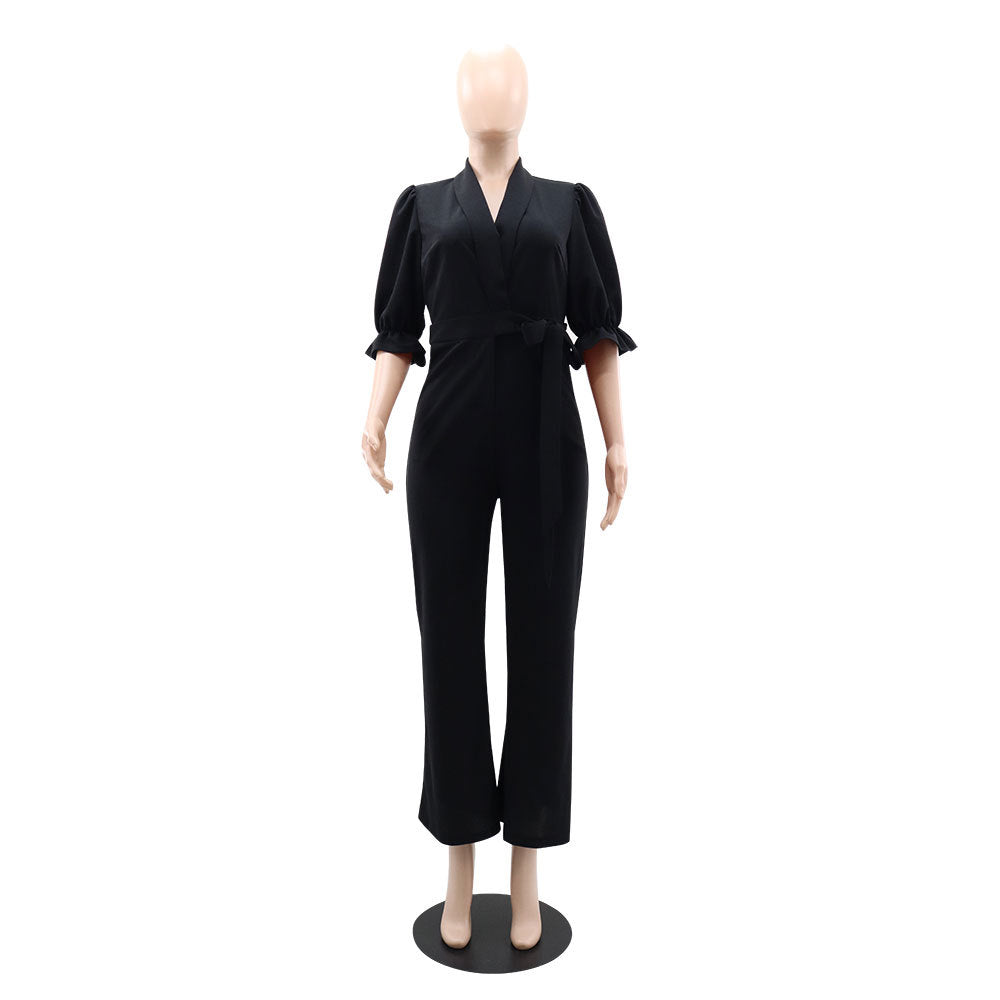 Chic Deep V High Waist Tie Career Women's Jumpsuit 4