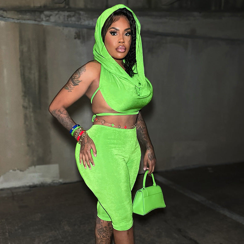 Spring Summer Hooded Top and Knee-Length Shorts Two-Piece Set for Women