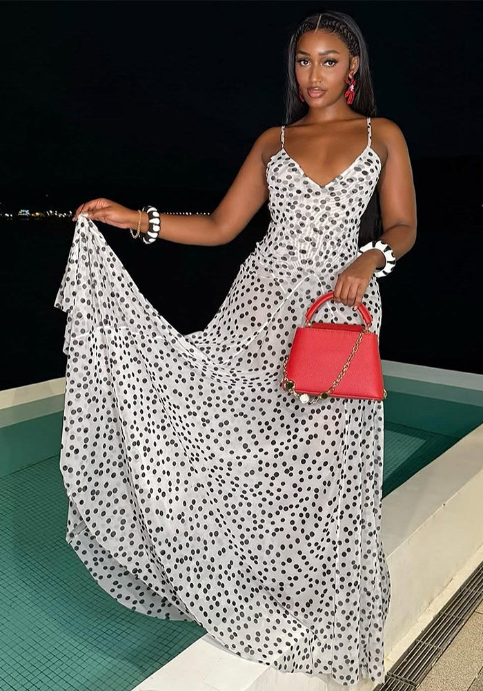 Women's Autumn Trendy Polka Dot Print Sleeveless Strap High-Waisted Dress