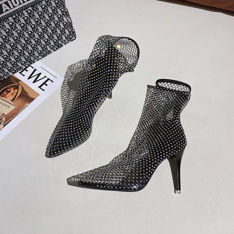 Sandals Women's High Heels Early Autumn Sexy Pointed Thin Heel Mesh Socks Hollow out Rhinestone Socks Boots Short Boots Cool Boots 14