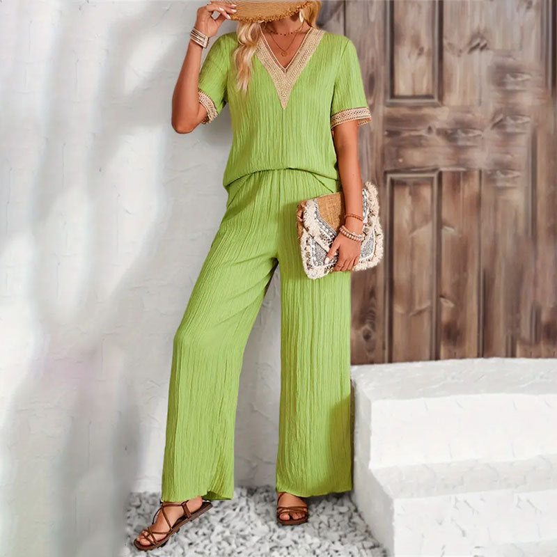 Two-Piece Lace Trim V-Neck Short-Sleeve Top & Wide-Leg Casual Pants Set 5
