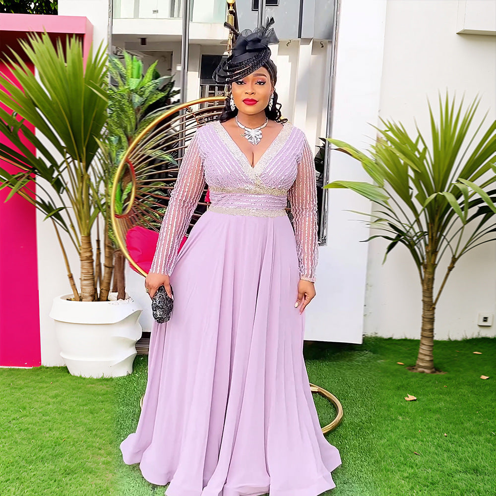 Plus Size African Women Autumn Lace Patchwork Sequins Dress 4