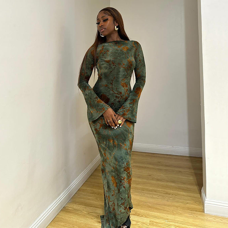 Autumn Round Neck Long-Sleeve Lace-Up Low Back Print Maxi Dress 3