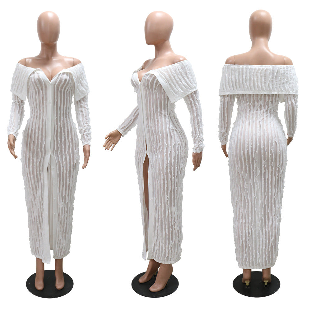 Spring Summer Women Fashion Sexy See-Through Off Shoulder Shirt Button Long Dress 10