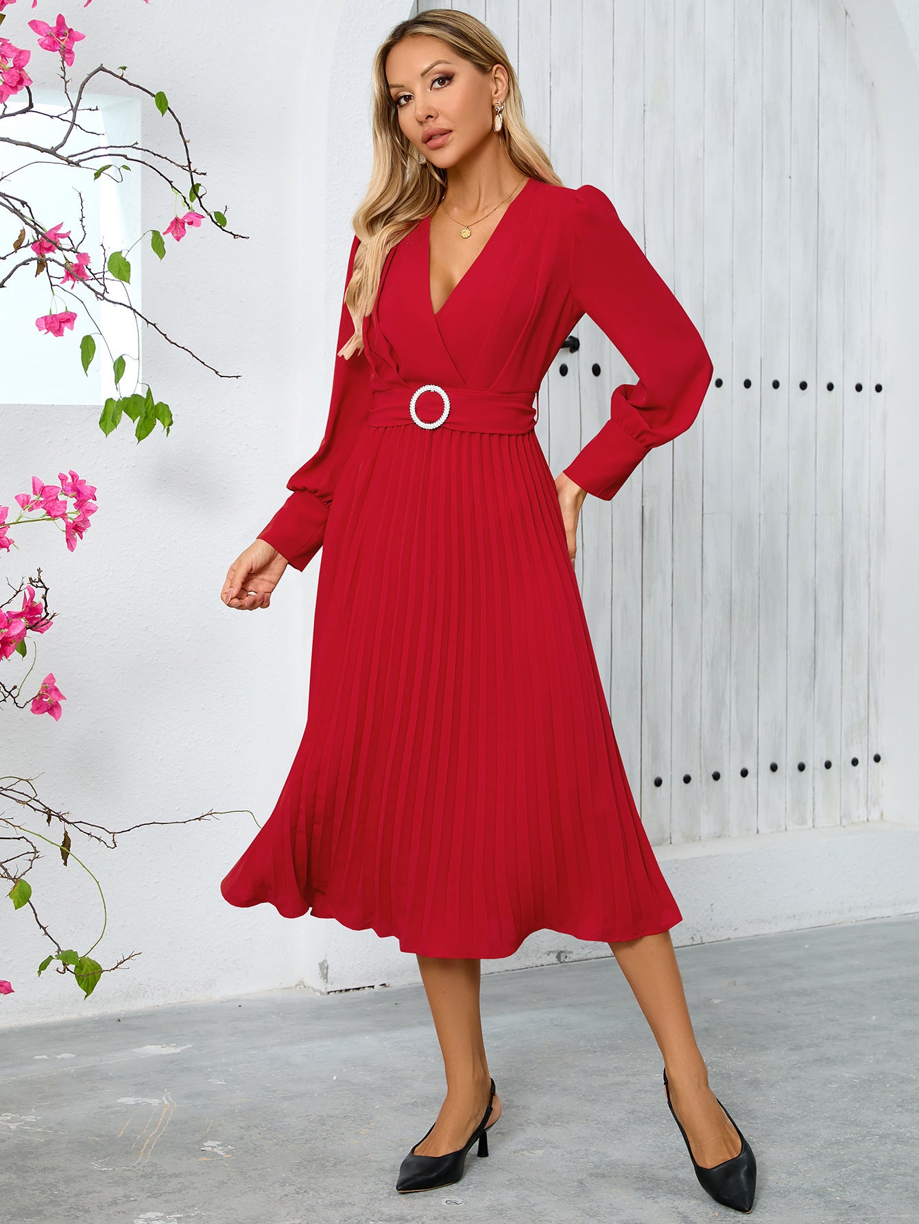 Autumn winter women's v-neck long-sleeved fashionable slim A-line long dress 5