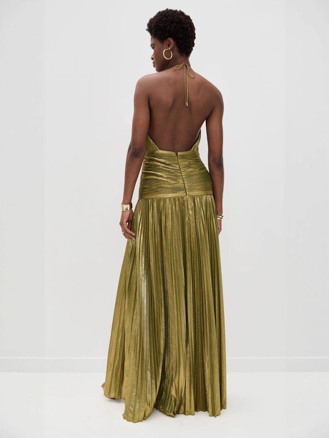 Women's Lace-up Halter-Neck Sleeveless Low-Back Slit Pleated Evening Dress 3