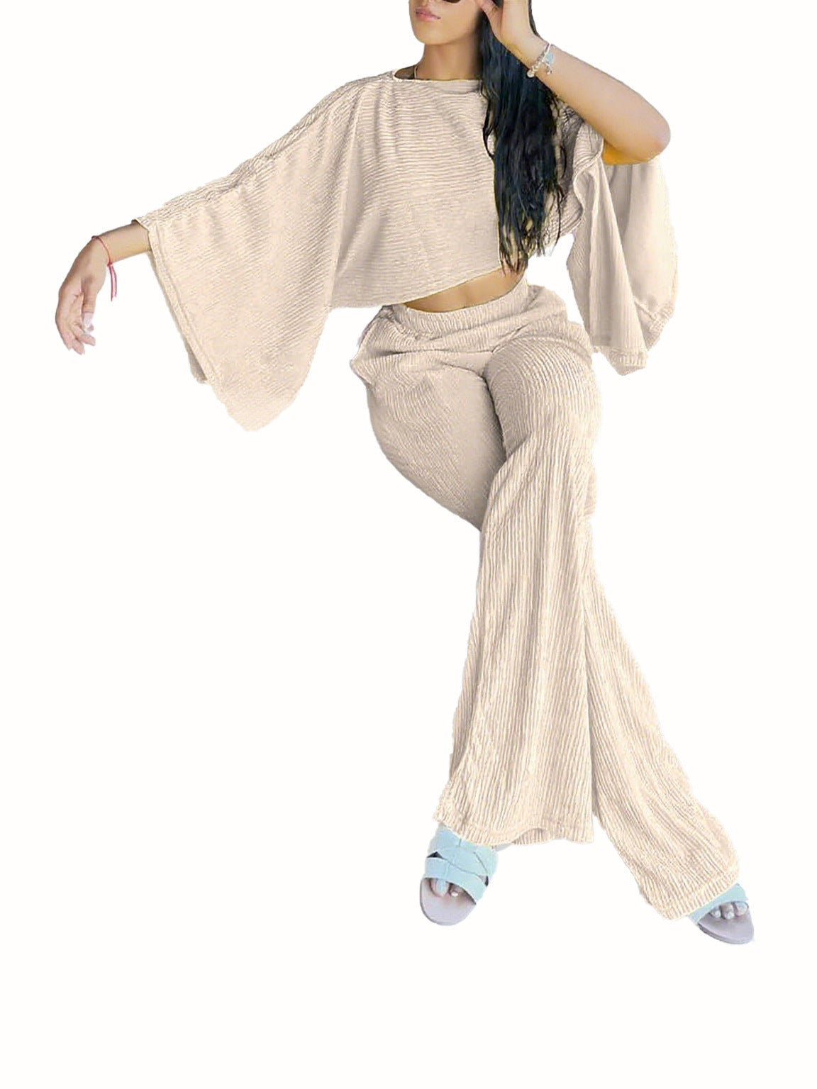 Women's Fashion Sexy Beach Holidays Solid Slash Shoulder Irregular Top with Elastic Waist Pockets Long Pants Set 8