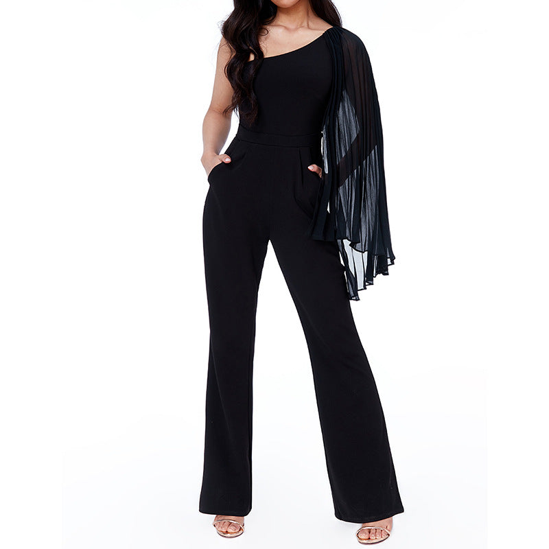 Women Sexy Black Stretchy Color-Block One-Shoulder Jumpsuit 4