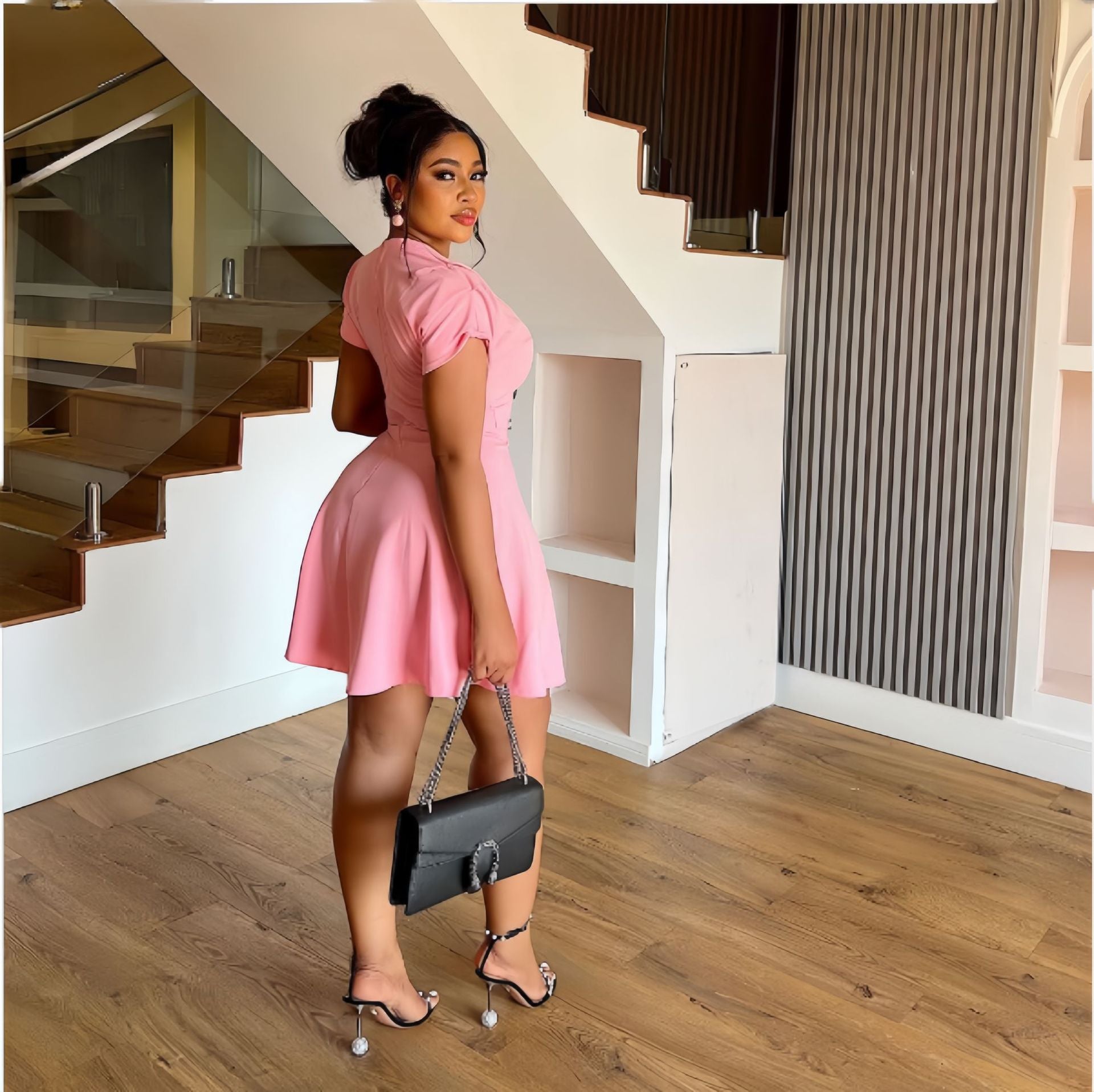 Women Winter Solid Short Sleeve V-Neck Dress 5