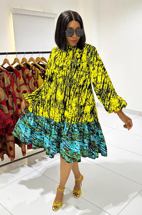 Women Printed Lace-Up Balloon Sleeves Loose Large Hem Round Neck Dress