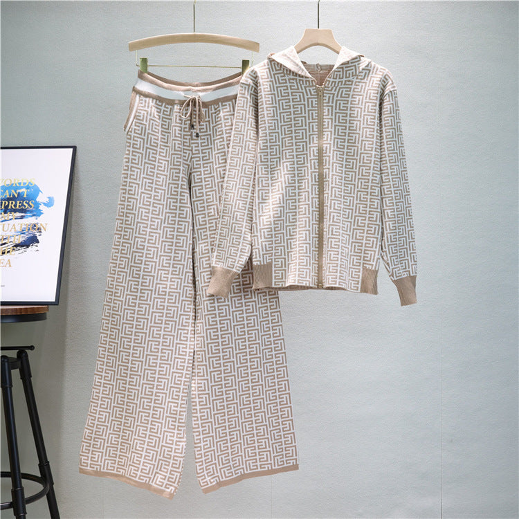 Women Casual Printed Long Sleeve Hooded Knitting Top + Wide Leg Pants Two-Piece Set 4
