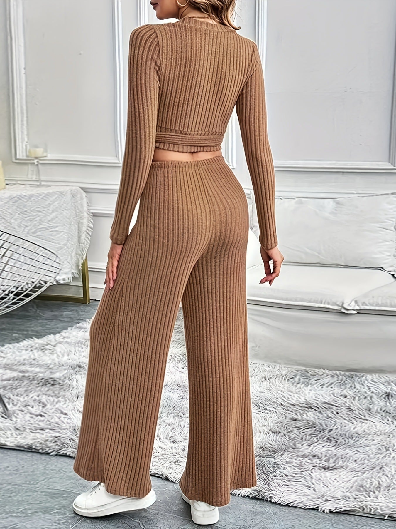 Elegant Fashion Wrap V-Neck Lace-Up Long Sleeve Top Slim Fit Wide-Leg Pants Solid Color Two Piece Set
