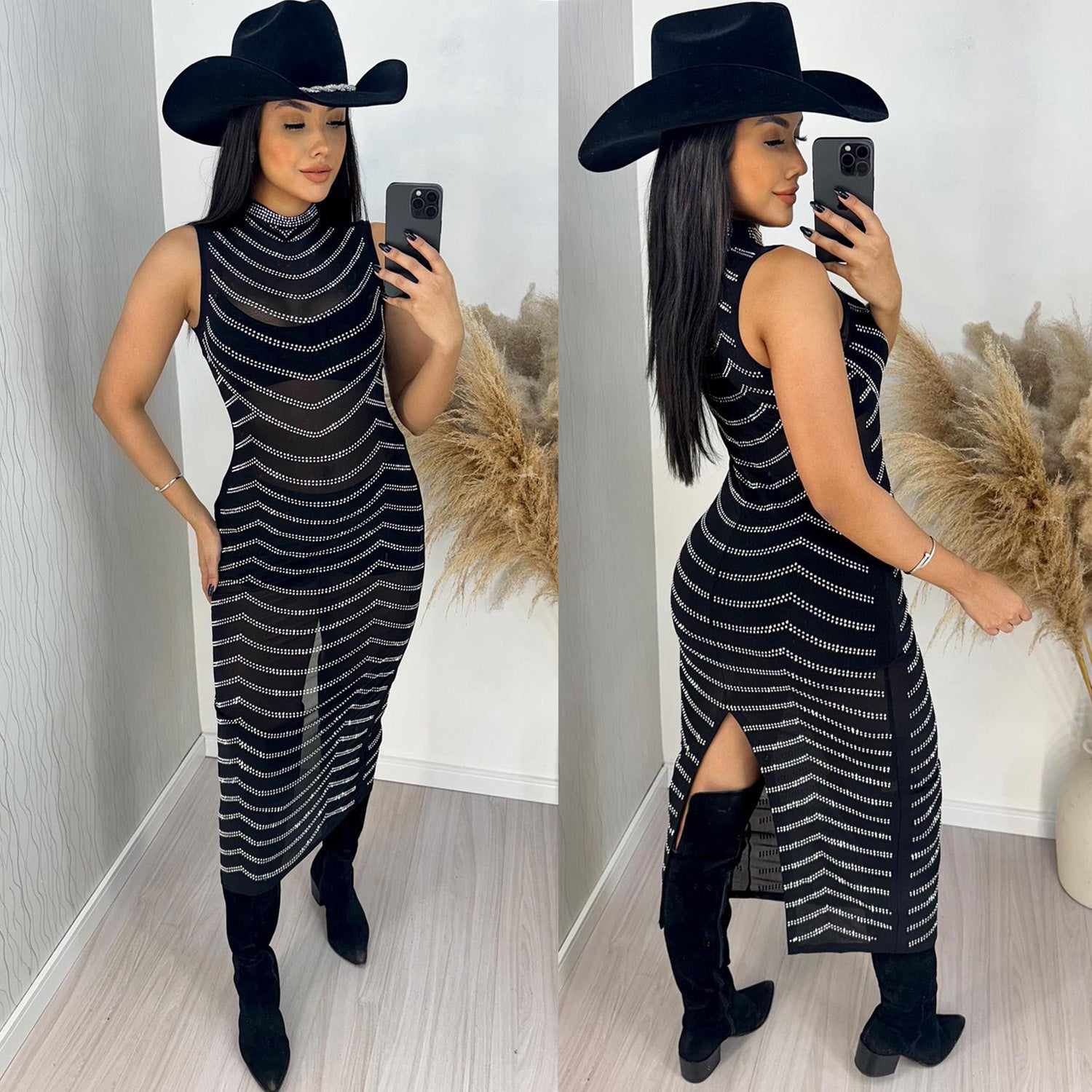 Women Summer Sexy Mesh See-Through Beaded Sleeveless Dress 3