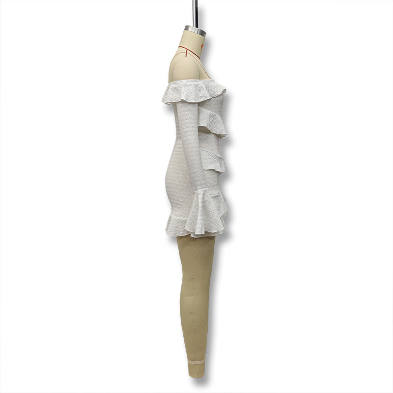 Autumn Women long-sleeved Bell Bottom sleeves Off Shoulder ruffle dress 13