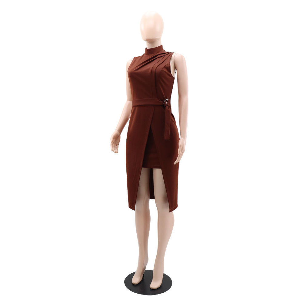 Women Round Neck Sleeveless Lace-Up Solid Patchwork Dress 4