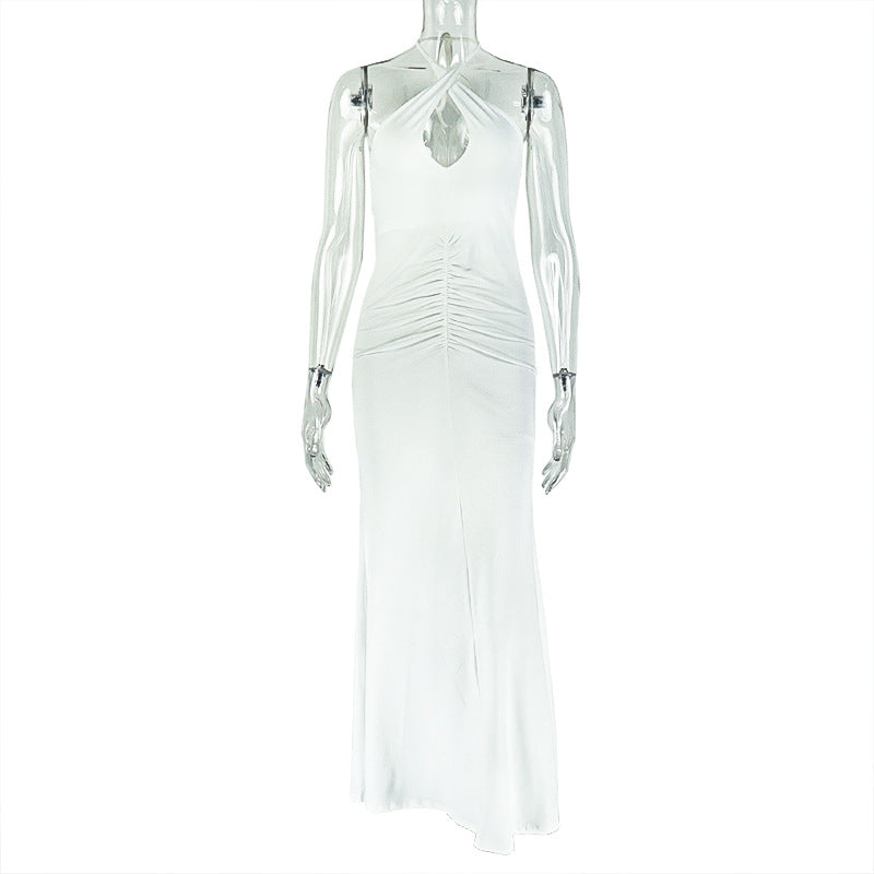 Women's Solid Chic Low Back Cross Halter Neck Long Dress 7