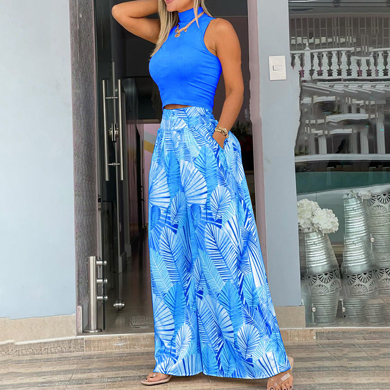 Women Round Neck Sleeveless Top and Print Pant Two Piece 3