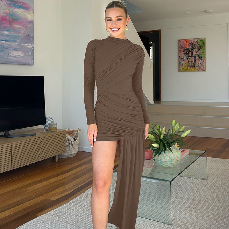 Women's Autumn Fashion Slim Fit Round Neck Long Sleeve Shirred Bodycon Irregular Ribbon Dress