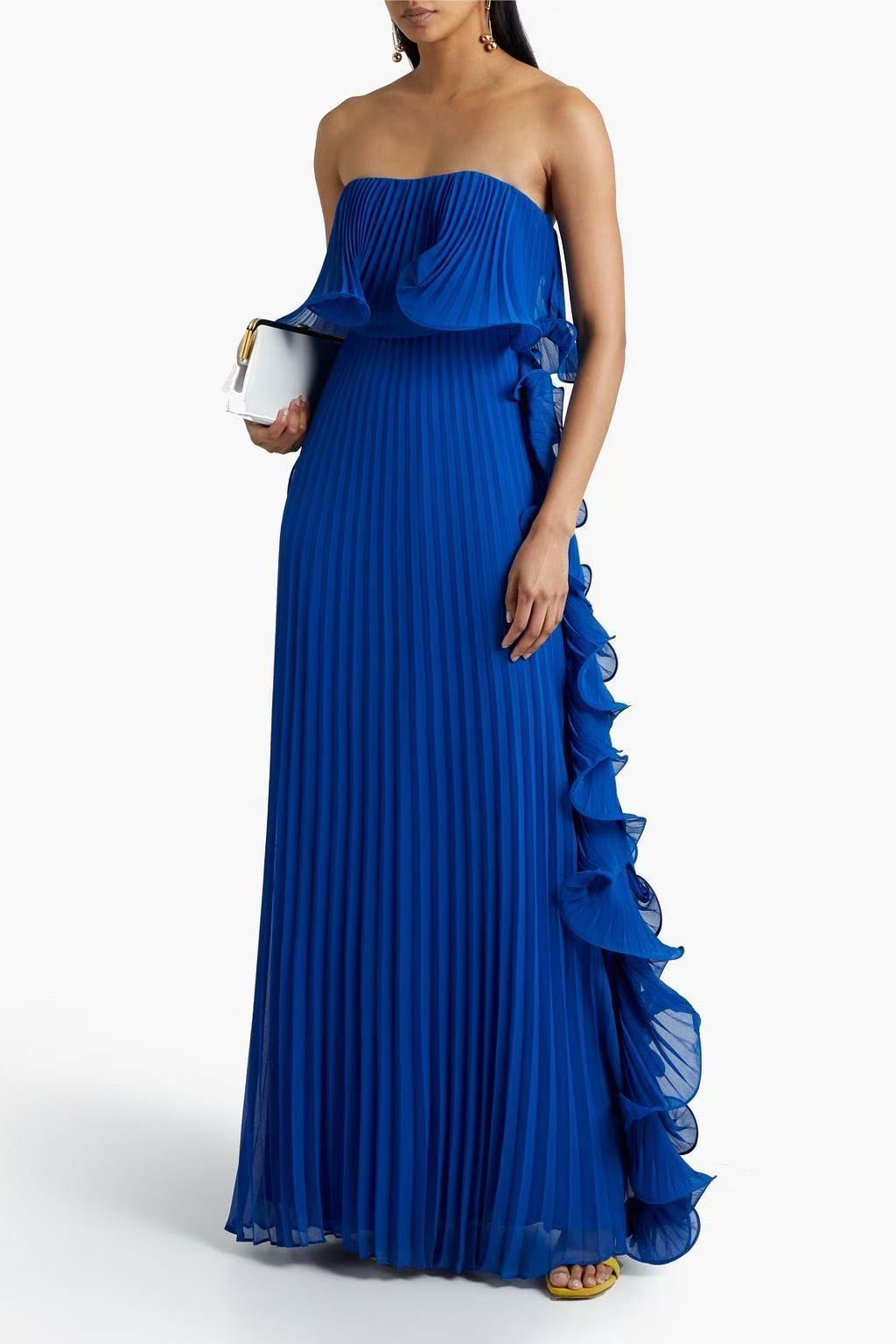 Summer Strapless pleated long Dress Beach Holidays gown 9