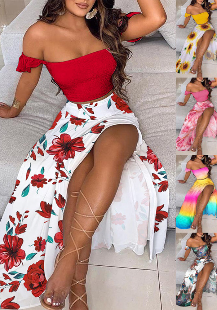 Women Summer French Bohemian Print Strapless Top and Skirt Two-Piece Set