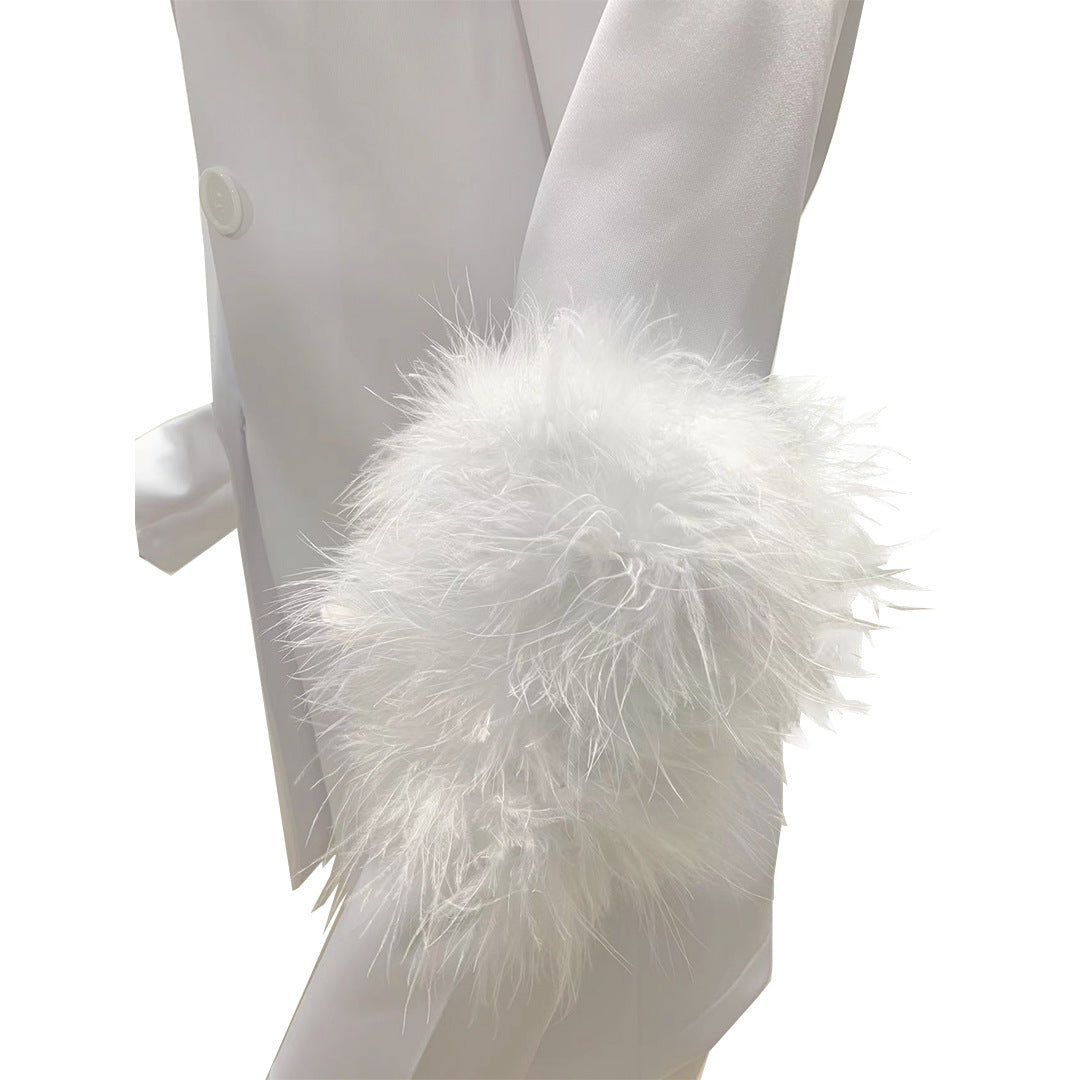 Fall Women Feather Blazer and Pant Two Piece 26