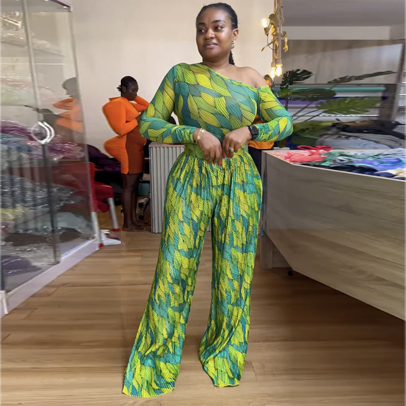 Women Spring Print Slash Shoulder Long Sleeve Top and Wide Leg Pants Pleated Two-piece Set 3