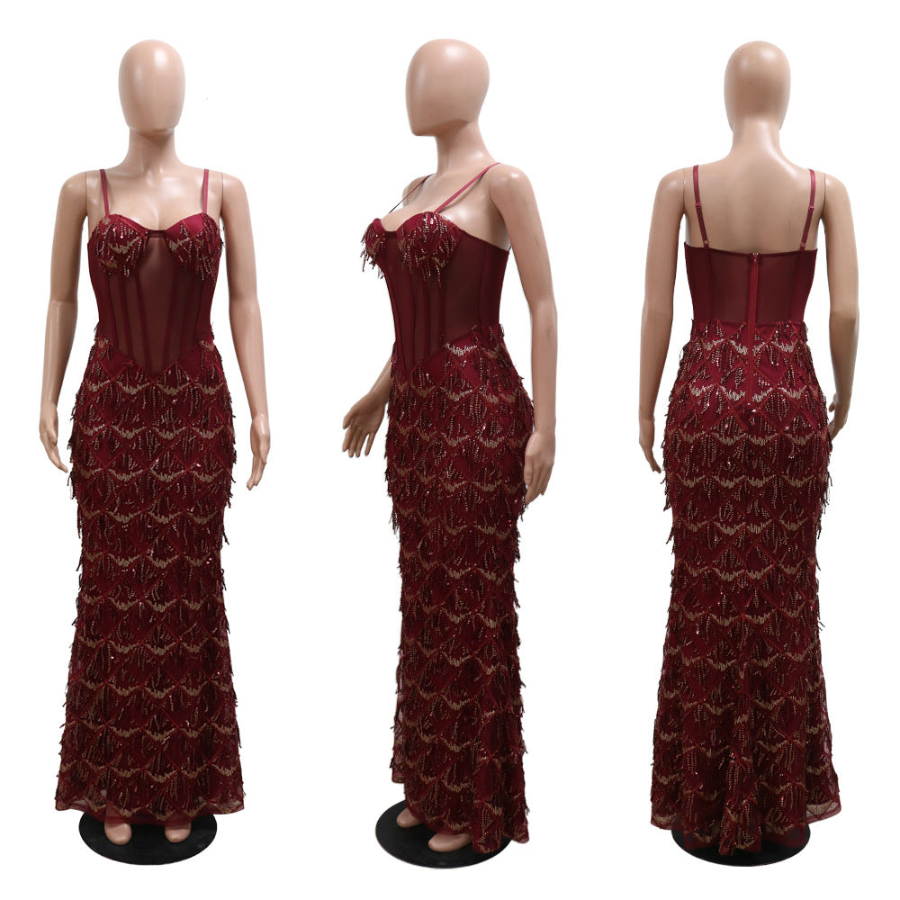 Women Sequin Party Suspenders Bodycon Maxi Dress 17