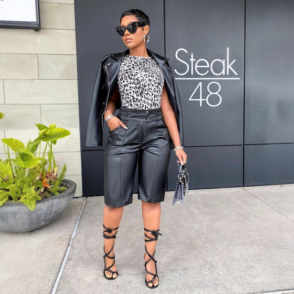 Women Summer Loose Casual Pocket Pu-Leather Shorts