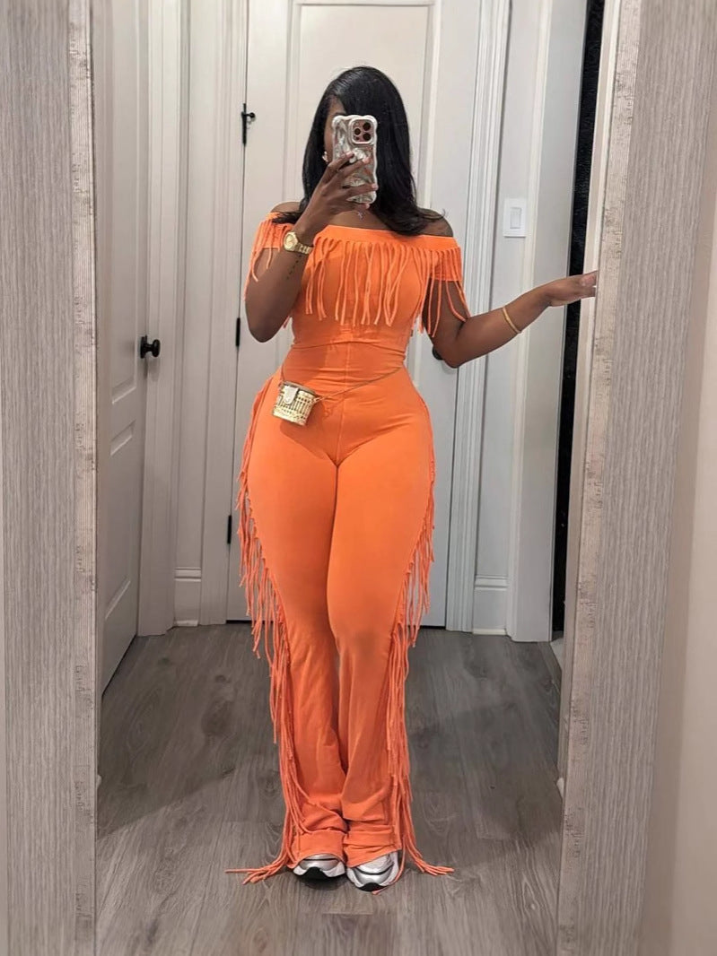 Women's Comfort Casual Elastic Waist Tassel Two-Piece Pants Set 4