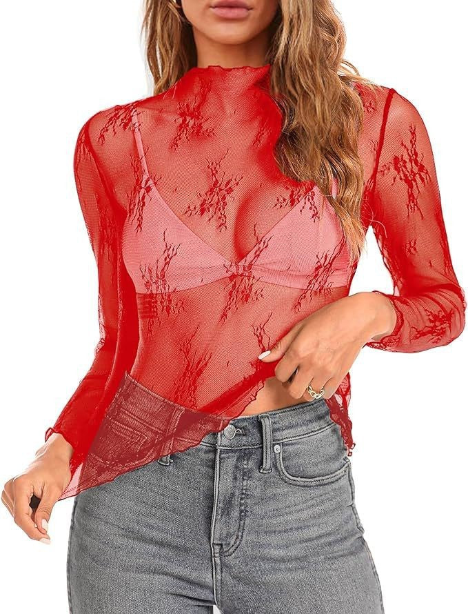 Women mesh long-sleeved floral embroidery See-Through Basic Top 10