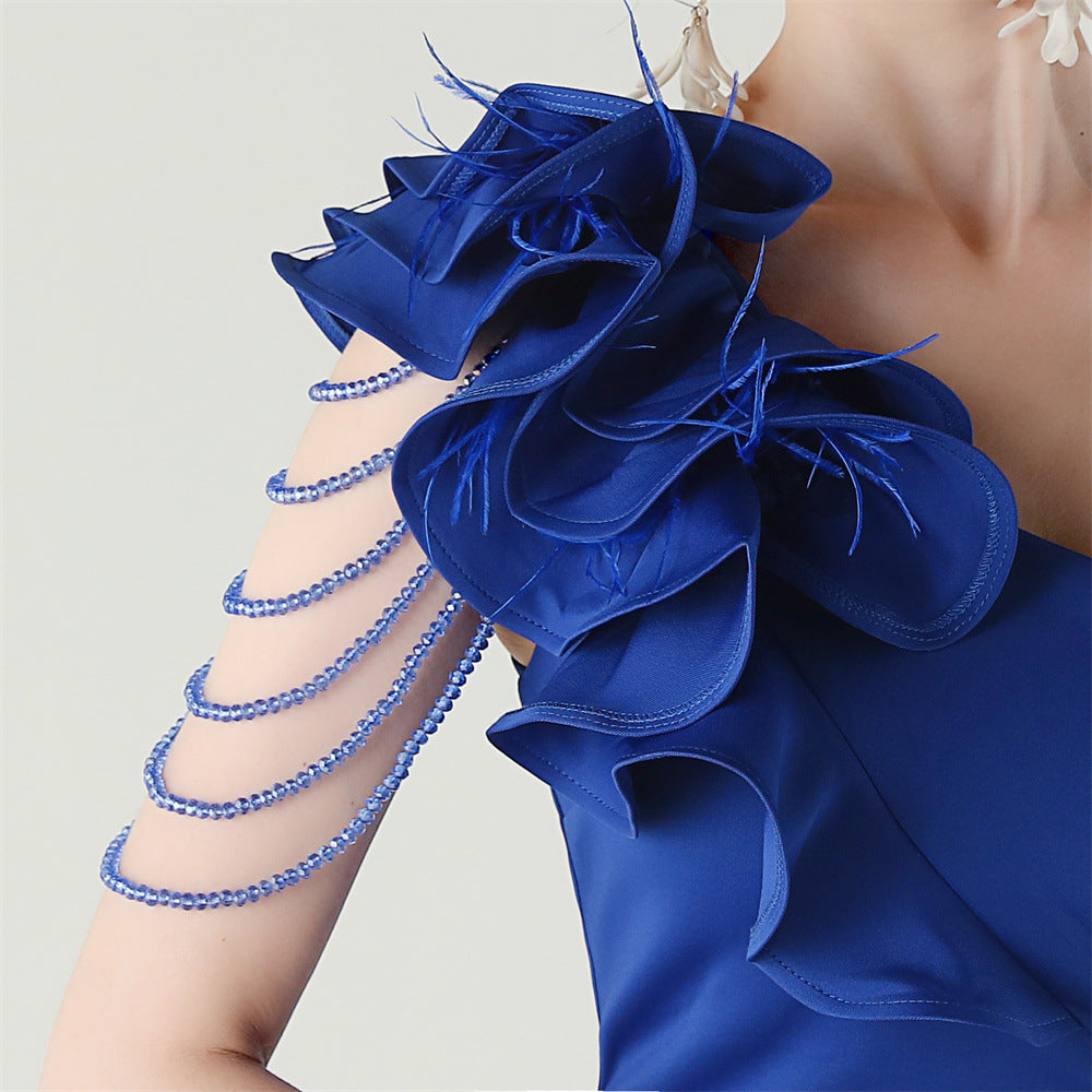 Women One-Shoulder Beaded Wool and Floral Satin Slit Sexy Evening Dress 87