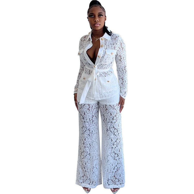 Women Fall Turndown Collar Long Sleeve Top and Pants Two-piece Set 6